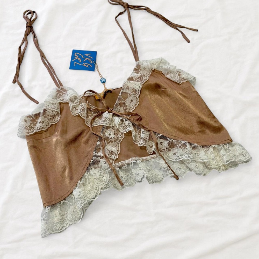 VRG GRL Tulum Nights Cami Top Rust Brown Satin Ivory Lace Coquette Boho US 6